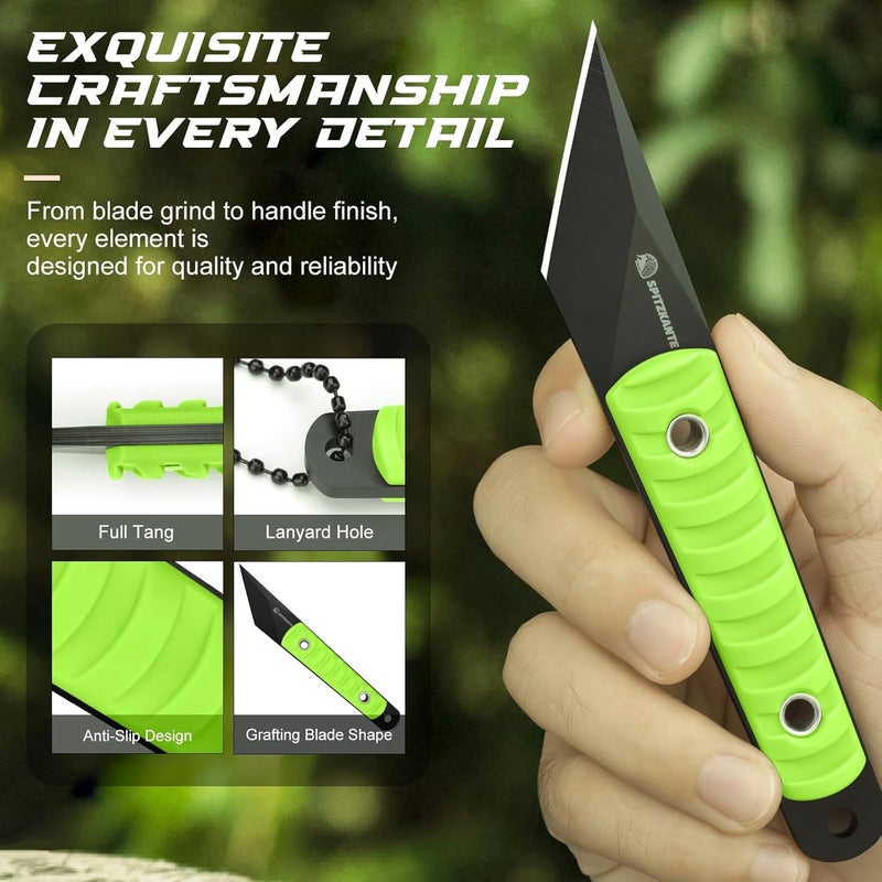 SPITZKANTE 5.79" Compact Neck Knife, Full Tang Fixed Blade Kiridashi Knife with Neon Green Sheath, 5Cr14MoV Stainless Steel, Outdoor Tool for Hiking, Camping - Image 4
